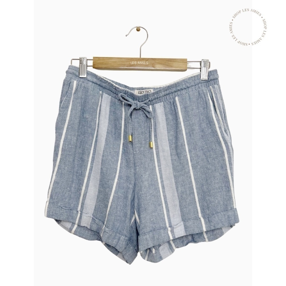 Ellen Tracy Linen Blue and White Striped Elastic Waist Shorts Small
